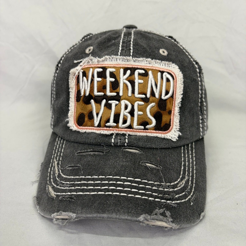4350 District Baseball Hat Weekend Vibes Womens OS Grey Leopard Distressed